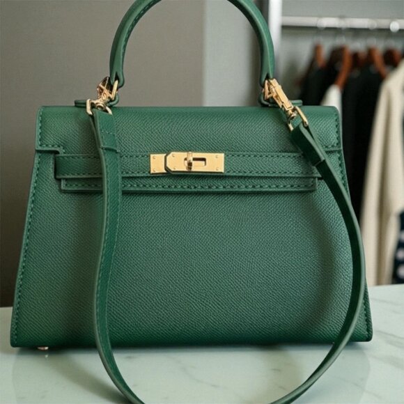 LUXE 4 LESS: Green Top-Handle Crossbody Bag (Vegan Leather) Kelly Style firkin - Picture 1 of 4